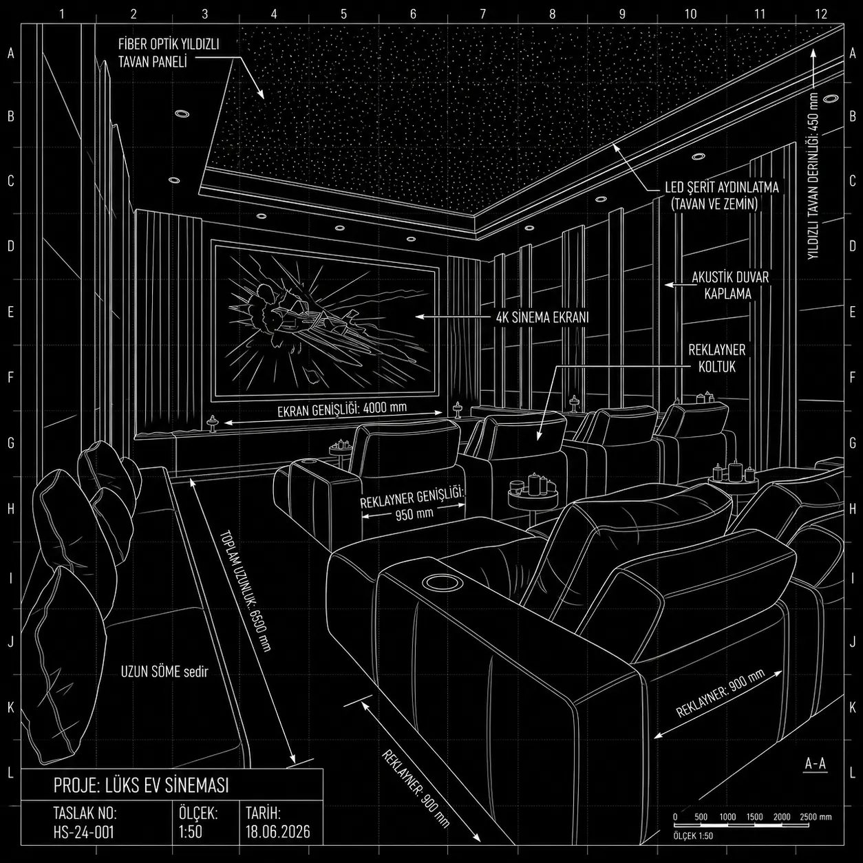İdesis Mühendislik lüks ev sineması odası tasarımı ve AutoCAD akustik projelendirme paftası.
