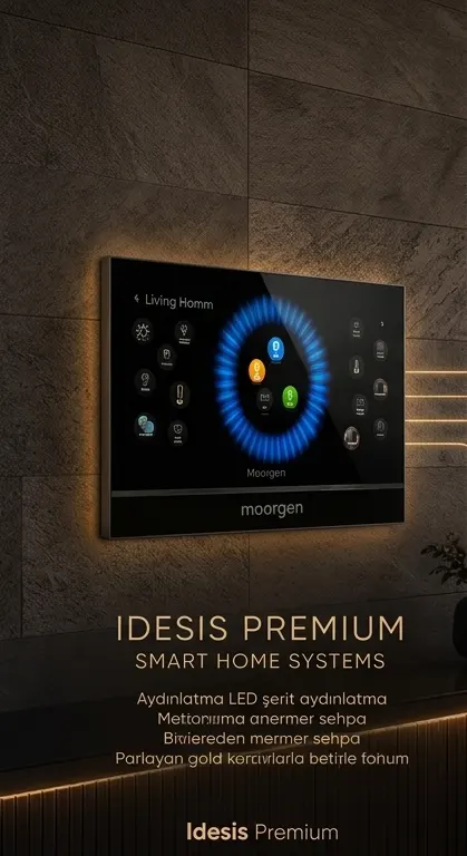Premium akıllı ev otomasyon sistemi kontrol paneli ile aydınlatma, iklimlendirme ve müzik perde yönetimi.
